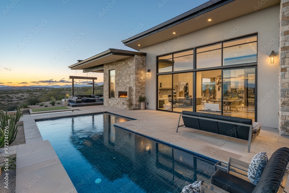 Obraz premium Swimming pool seen against the sky in front of a modern house