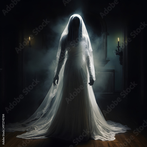 fairy tale scene, scary woman in wedding dress photo