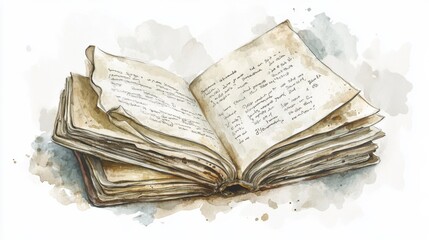 An open, aged book with handwritten notes and a watercolor background capturing the essence of forgotten knowledge and stories