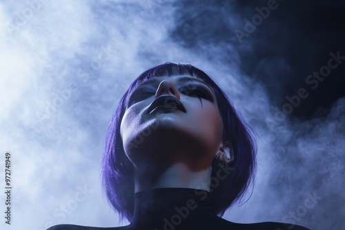 Close up of a mystic young girl in a magic creature cosplay, wearing dark banshee makeup and violet horns, looking devilish