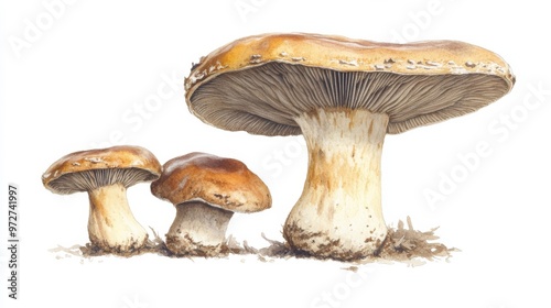 Various sizes of mushrooms growing in a natural setting during early autumn, showcasing their distinctive caps and gills photo