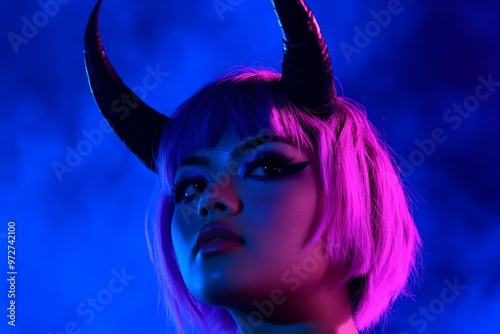 An image of a demonic girl posing in a dark studio with smoke coming from the background, wearing scary fantasy make up and violet horns photo