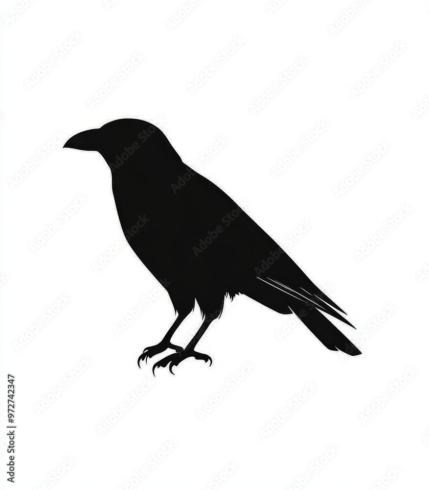 Fototapeta premium Black raven illustrated by ink on white. Vector. Bird, crow, jackdaw, magpie. Occultism, mysticism, shamanism, symbol, magic. Oriental style.