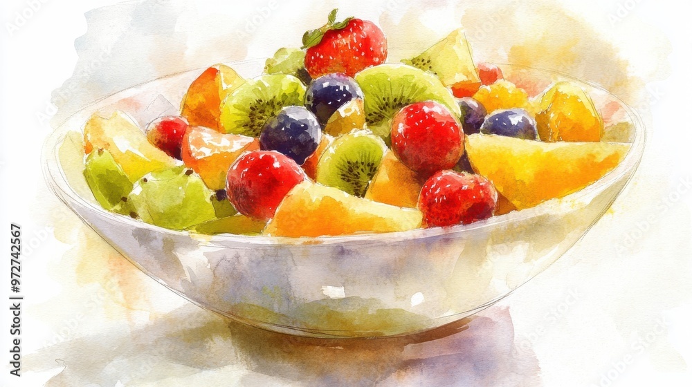 A vibrant bowl of fresh assorted fruit including berries, kiwi, and citrus, set on a light background A vibrant bowl of fresh assorted fruit including berries, kiwi, and citrus, set on a light background