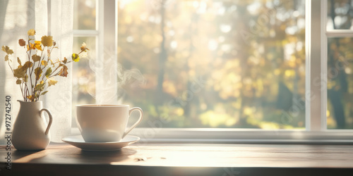 A steaming cup of coffee sits on a windowsill beside a vase of flowers, with soft sunlight filtering through an open window.