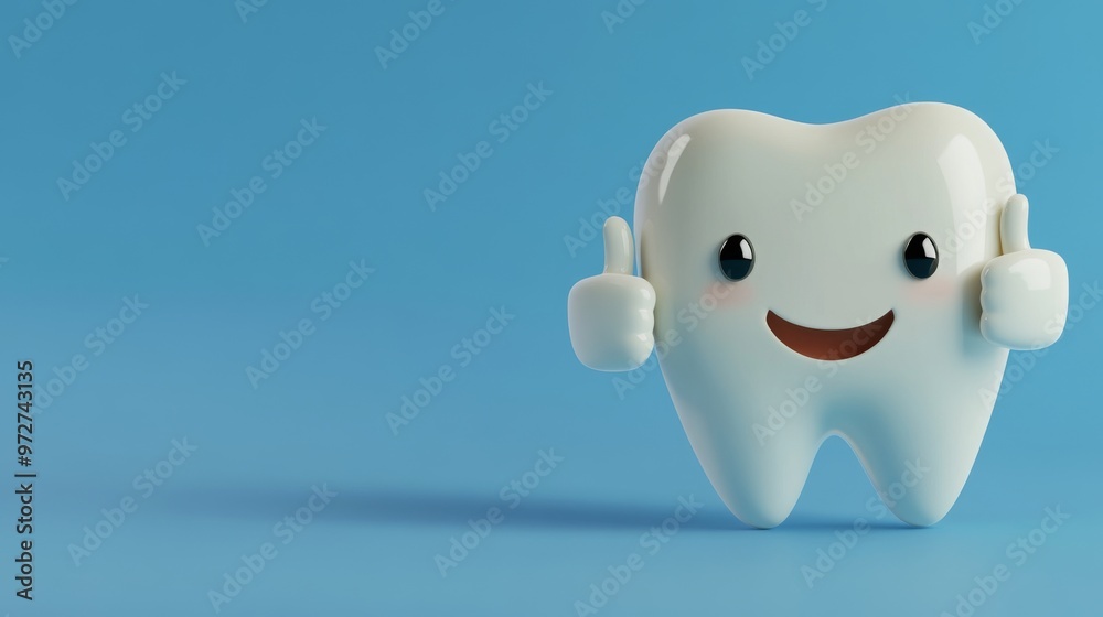 An ai-generated happy white toothed character gives a thumbs up. An ai-generated happy white toothed character gives a thumbs up.