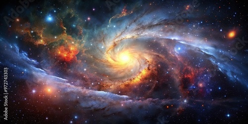 Vibrant, dynamic starfield with swirling clouds of gas and dust, radiant stars, and subtle nebulae, set against a photo