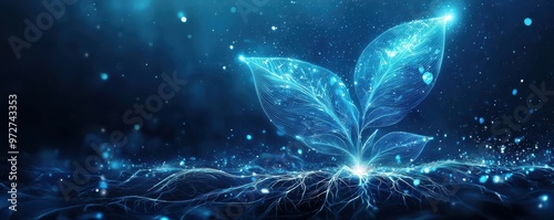 Digital illustration of an abstract futuristic plant with glowing leaves and roots in a vibrant blue background