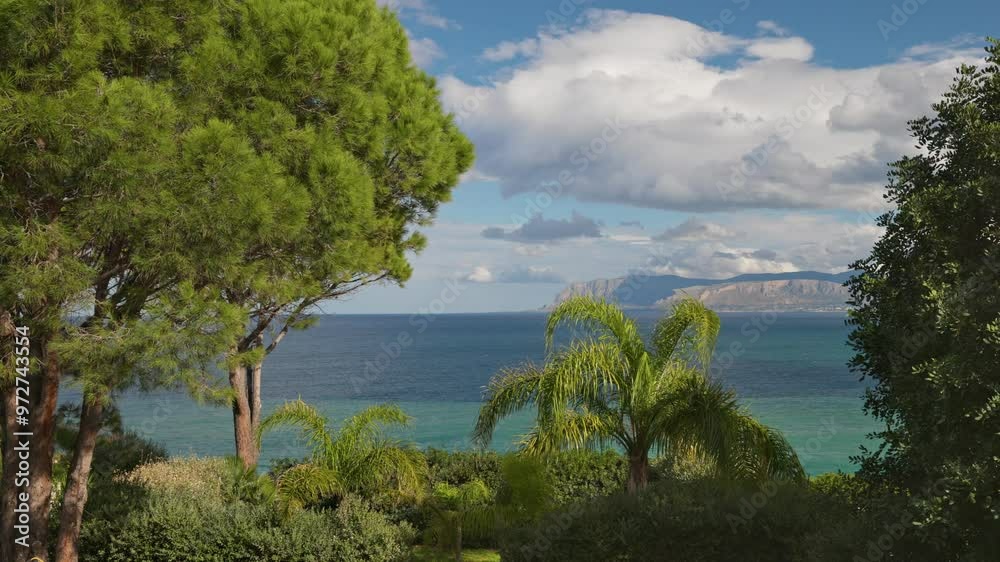 Landscape with green trees, sea and mountains of western Sicily, near Palermo, Italy. Nature of Sicily Landscape with green trees, sea and mountains of western Sicily, near Palermo, Italy. Nature of Sicily