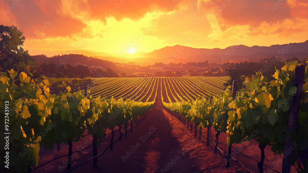 Fototapeta premium A peaceful sunset over a vineyard, with rows of grapevines bathed in golden light and the distant hills glowing softly.