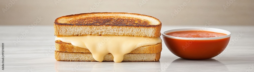 Classic grilled cheese sandwich, with melted cheese oozing from the center and tomato soup beside it Classic grilled cheese sandwich, with melted cheese oozing from the center and tomato soup beside it