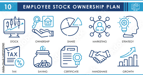 A set of line icons related to Employee Stock Ownership Plan (ESOP). Employee, share, growth, finance, house, company, strategy, and so on. Vector outline icons set.