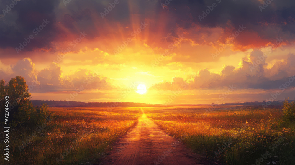A tranquil sunset over a rural landscape, with a dirt road leading towards the horizon and the sky filled with soft, warm colors. A tranquil sunset over a rural landscape, with a dirt road leading towards the horizon and the sky filled with soft, warm colors.
