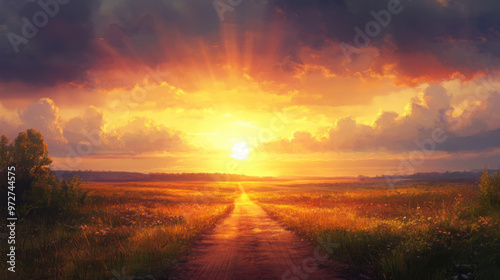 A tranquil sunset over a rural landscape, with a dirt road leading towards the horizon and the sky filled with soft, warm colors.