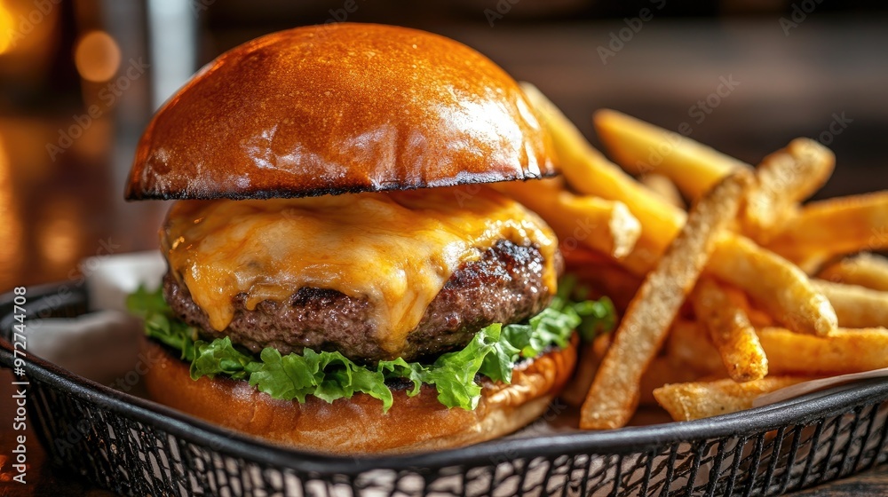Beef tenderloin burger with melted cheese and lettuce, served on a brioche bun with a side of crispy, golden fries Beef tenderloin burger with melted cheese and lettuce, served on a brioche bun with a side of crispy, golden fries