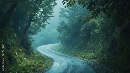 Curved road winding through a foggy forest landscape during early morning hours in a tranquil, secluded location photo