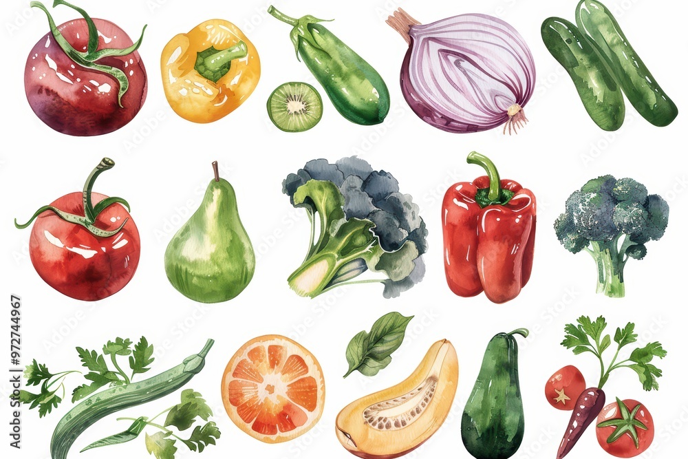 A vibrant collection of fresh vegetables and fruits illustrated in a watercolor style, perfect for culinary or health-themed projects.