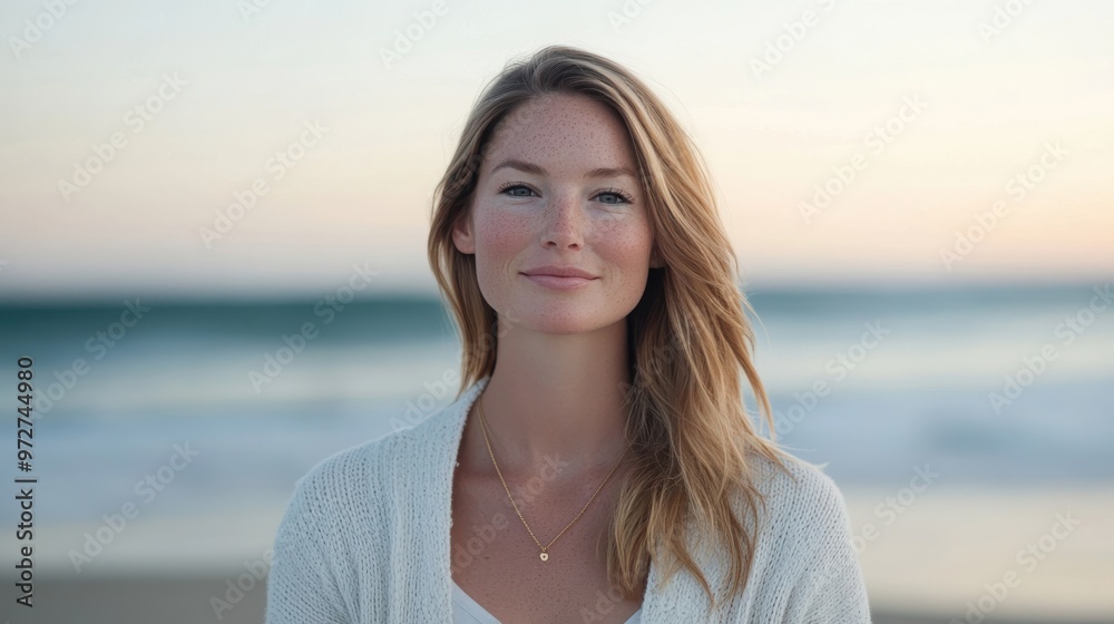 A serene woman smiles softly while standing on a beach during twilight, with gentle waves crashing in the background A serene woman smiles softly while standing on a beach during twilight, with gentle waves crashing in the background