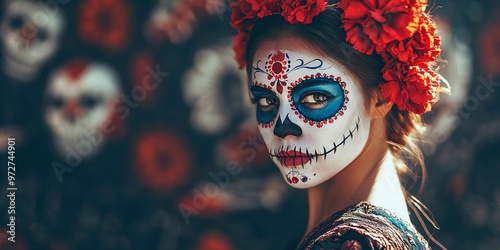 A woman dressed as La Catrina with sugar skull face paint and red flowers in her hair, celebrating Día de los Muertos.
