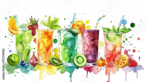 Obraz A vibrant collection of colorful fruit drinks showcased in exquisite watercolor style, perfect for summer-themed designs.