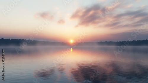A peaceful sunrise over a calm lake, with the first light of day reflecting in the water and mist rising from the surface.