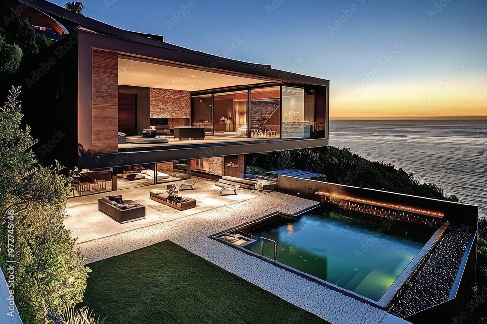 Fototapeta premium The pool of a luxury house is illuminated at night