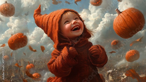 The concept of Halloween is a happy kid at a Halloween party night setting with generative AI.