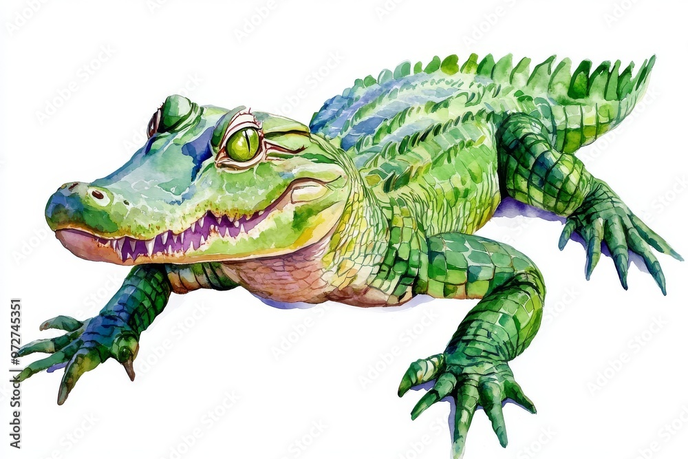 An illustration of an alligator with a white background in watercolor. An illustration of an alligator with a white background in watercolor.