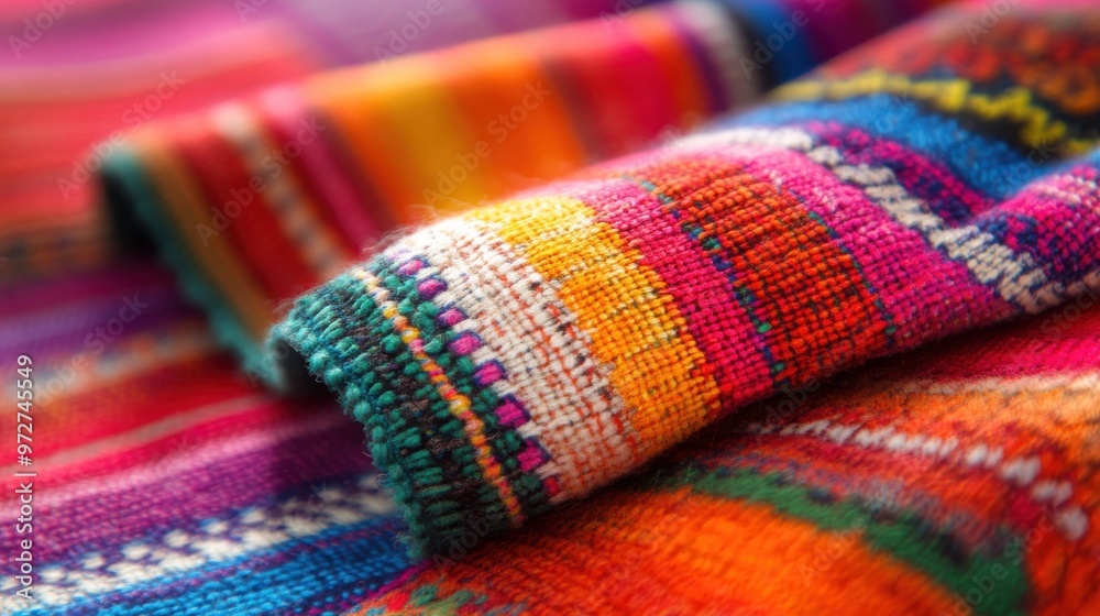 Colorful woven textile partially rolled up on a rustic surface outdoors in sunlight, showcasing intricate patterns and vibrant hues