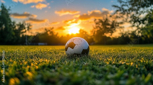 A football lies on the grass as the sun sets in the background, showcasing a serene and picturesque moment perfect for sports enthusiasts and nature lovers. photo