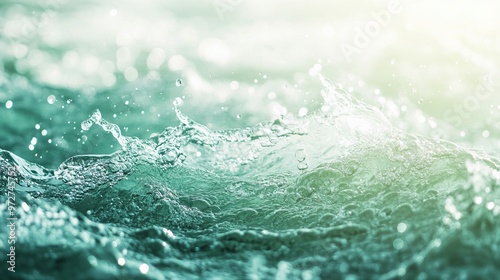 Trendy summer nature banner. Defocused aqua-mint liquid colored clear water surface texture with splashes bubbles. Water waves in sunlight background.