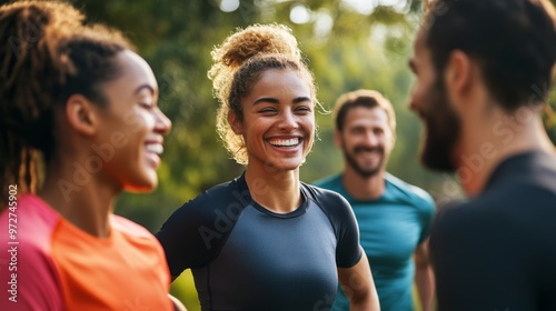  a group of people outside enjoying life, smiling, and wearing athletic clothes