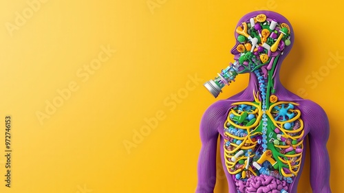 Abstract concept of body absorbing toxins through inhalation, flat design, top view, chemical exposure theme, 3D render, vivid color scheme