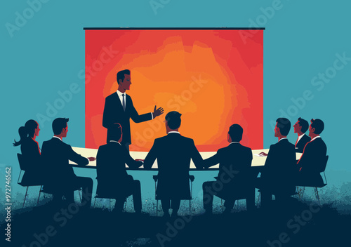Business Team in Meeting with Male Teacher Presenter in Minimalistic Vector Illustration, Concept of Education and Learning at Workplace