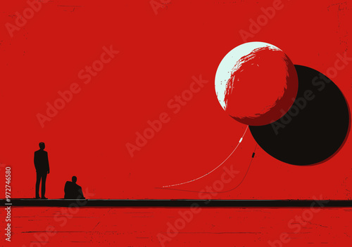 Businessman aiming for precision targeting with goal symbolized by tethered balloon in minimalistic vector illustration, concept of accuracy, focus and ambition in business strategies