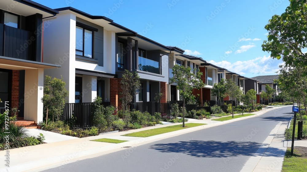 A row of newly built houses in a suburban development, featuring modern designs and A row of newly built houses in a suburban development, featuring modern designs and