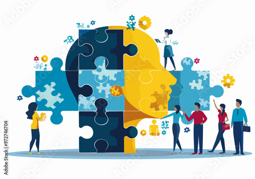 Motivation and Decision Making: People Holding Puzzle Pieces Building Symbolic Human Head Illustration, Business Concept, Personality Development