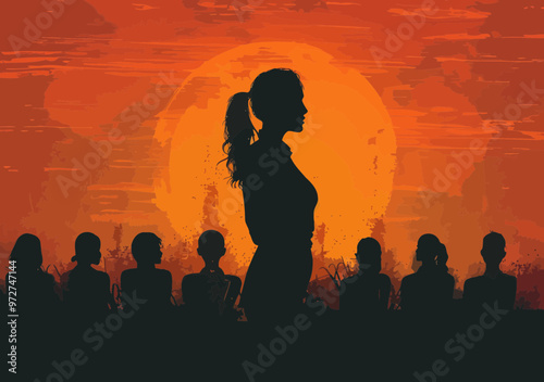 Female Leader Giving a Lecture at Sunset, Team Listening, Education Presentation Concept, Silhouette Minimalistic Vector Illustration