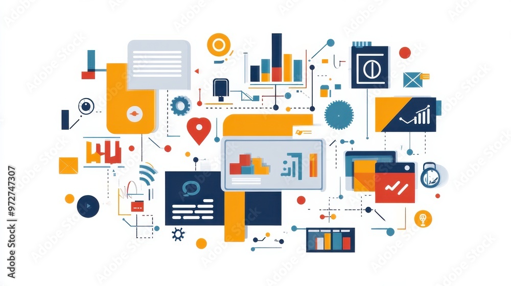 Colorful abstract representation of data analytics and technology in a digital workspace Colorful abstract representation of data analytics and technology in a digital workspace