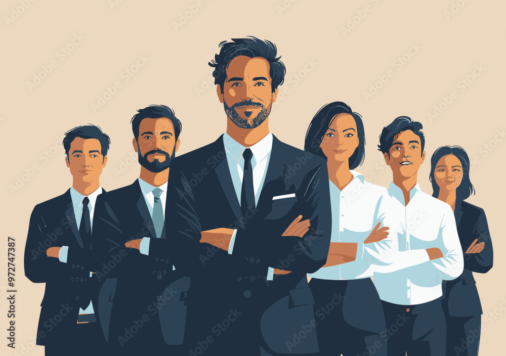 Confident Business Leader with Diverse Team Standing in Unity, Minimalistic Vector Illustration, Business Success, Leadership Concept Confident Business Leader with Diverse Team Standing in Unity, Minimalistic Vector Illustration, Business Success, Leadership Concept
