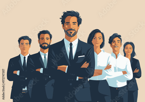 Confident Business Leader with Diverse Team Standing in Unity, Minimalistic Vector Illustration, Business Success, Leadership Concept