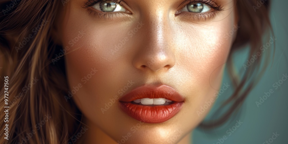 Close-up of a woman with striking green eyes and full lips, showcasing flawless skin in a natural light setting Close-up of a woman with striking green eyes and full lips, showcasing flawless skin in a natural light setting