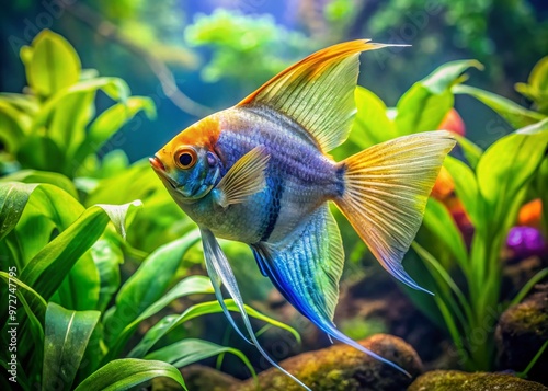 Vibrant freshwater angel fish with flowing fins and iridescent scales swim peacefully amidst lush green aquatic plants photo