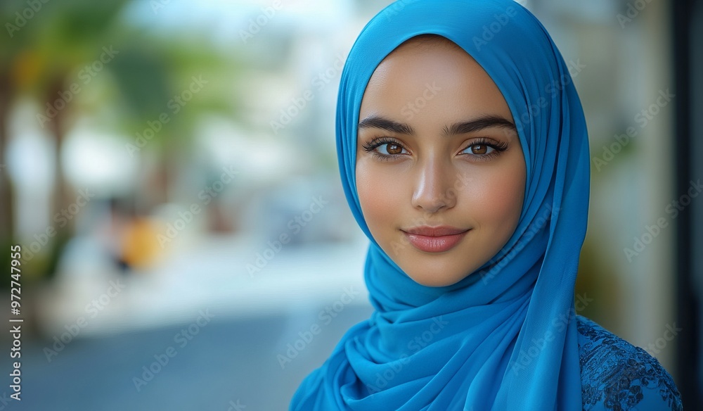 Beautiful Young Muslim Woman in Blue Hijab and Dress, Candid Street Photography - AI generated illustration
