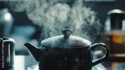 Steam rises from a black kettle on the stove as water boils in a modern kitchen during the afternoon light