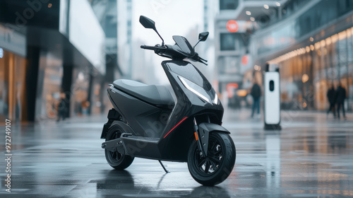 A sleek black electric scooter parked on a modern, wet urban street, showcasing its contemporary design amidst a blurred background of city buildings.