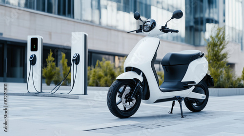 A sleek, white electric scooter parked at a modern charging station, ready for an eco-friendly ride in an urban setting. photo