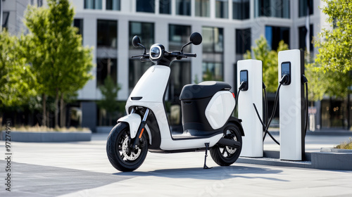 An electric scooter is parked beside a charging station in a modern urban area with buildings and greenery in the background.