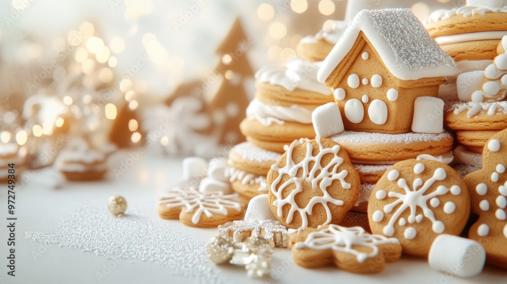 Fototapeta premium Delicious Holiday Baking Ideas Gingerbread House, Cookies Marshmallow Treats, Festive Holiday Baking Recipes Ideas