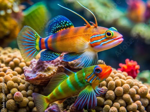 Vibrant goby fish and pistol shrimp symbiotically pose together on a coral reef, showcasing their unique partnership photo